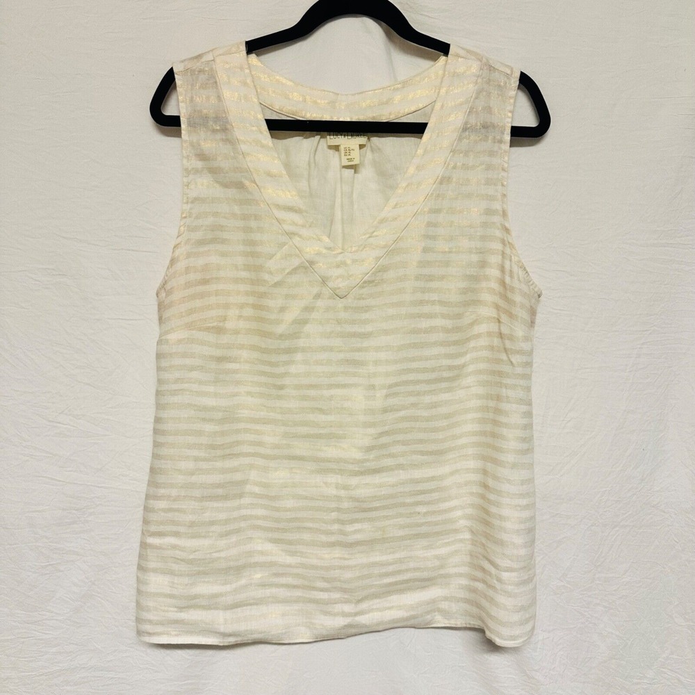 lucy and laurel 100% linen sleeveless stripe‎ white tan blouse XL V-neck